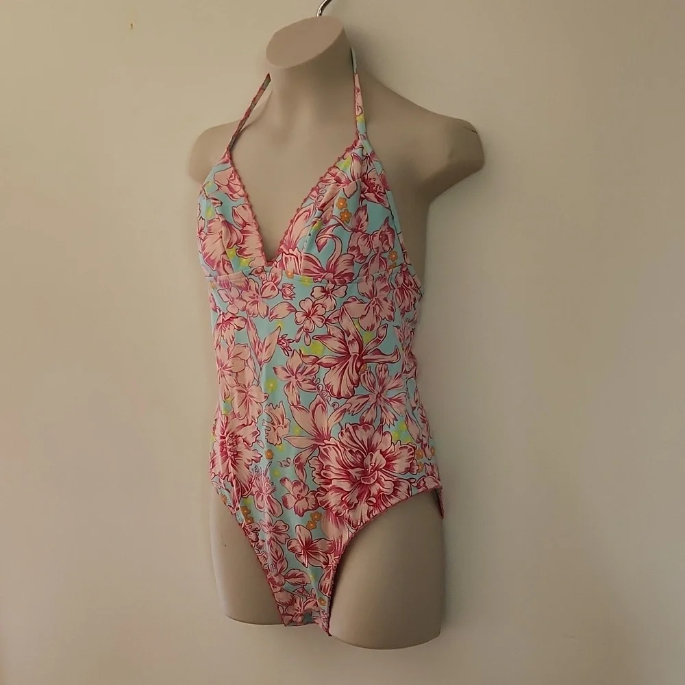 Rosa Ferrer one piece swimsuit pink and turquoise floral bathing suit size 10 - Picture 4 of 9